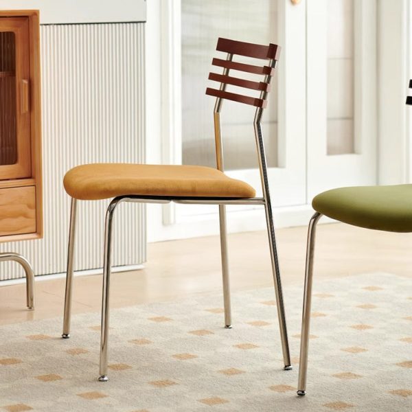 Contemporary Nordic Square Fabric Stainless Steel Legs Dining Chair Arc Solid Wood Backrest For Dining Room - Image 14