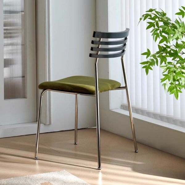 Contemporary Nordic Square Fabric Stainless Steel Legs Dining Chair Arc Solid Wood Backrest For Dining Room - Image 3