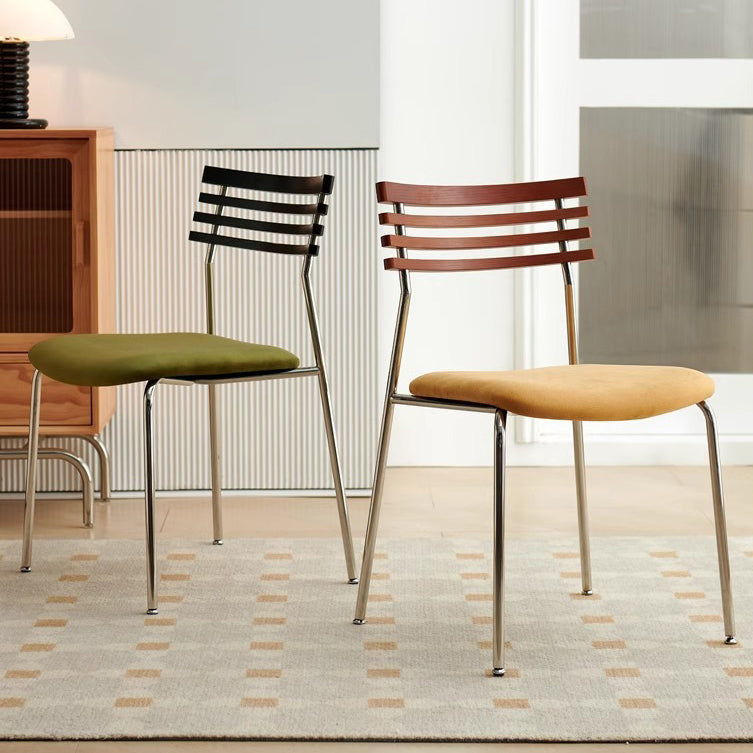 DFM-Chair-FL04134-4.jpg Contemporary Nordic Square Fabric Stainless Steel Legs Dining Chair Arc Solid Wood Backrest For Dining Room - Image 1