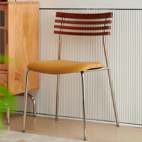 Contemporary Nordic Square Fabric Stainless Steel Legs Dining Chair Arc Solid Wood Backrest For Dining Room - Image 2