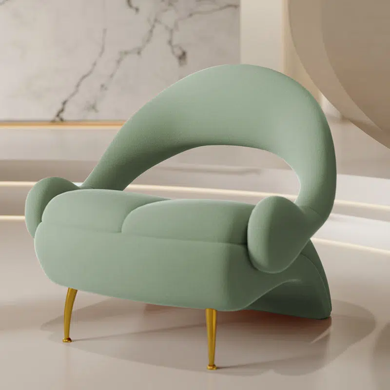 DFM-Chair-FL04177-1.jpg Contemporary Nordic Curved Velvet Upholstered Iron Accent Chair Open Back For Living Room - Image 1