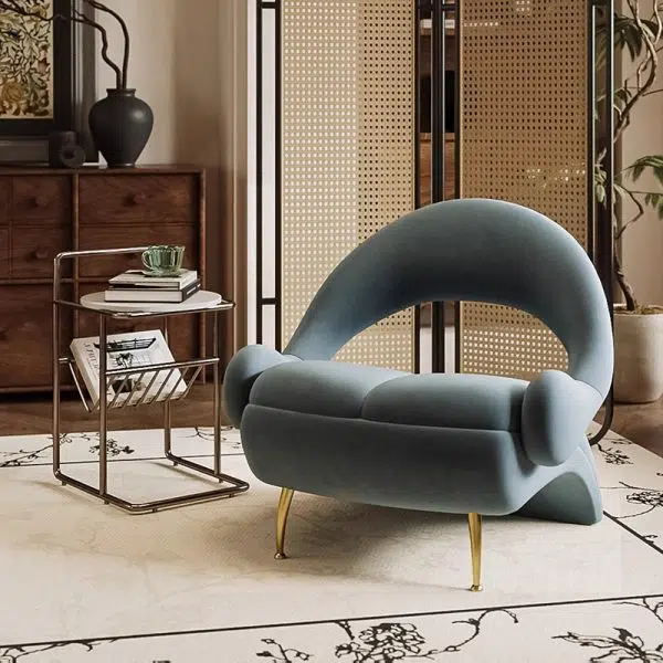 Contemporary Nordic Curved Velvet Upholstered Iron Accent Chair Open Back For Living Room - Image 9