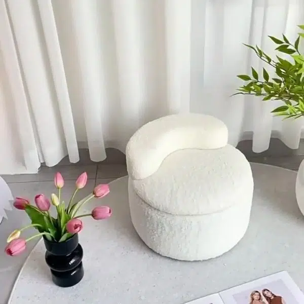 Contemporary Creative Lamb Fleece Round Pouf Low Stool Backrest For Living Room - Image 3