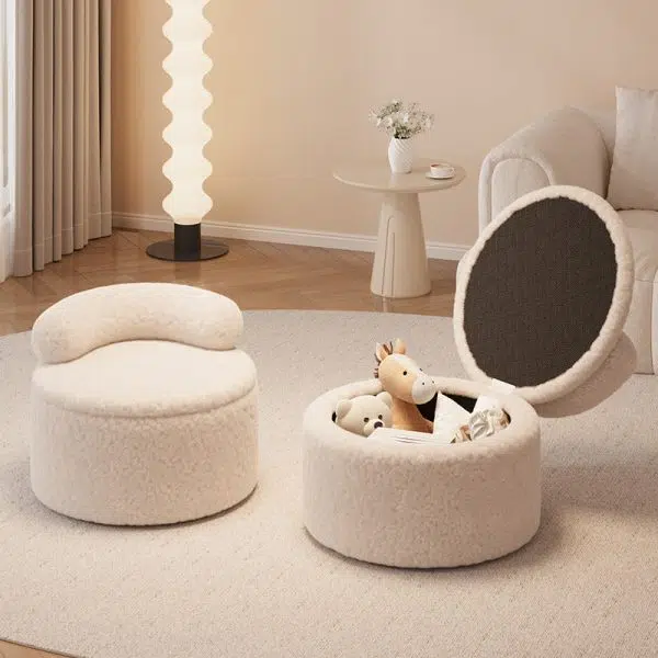 Contemporary Creative Lamb Fleece Round Pouf Low Stool Backrest For Living Room - Image 2