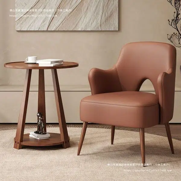 Contemporary Nordic Curved Leather Upholstered Metal Accent Chair Backrest Armrest For Living Room - Image 8