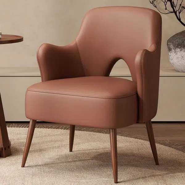 Contemporary Nordic Curved Leather Upholstered Metal Accent Chair Backrest Armrest For Living Room - Image 2