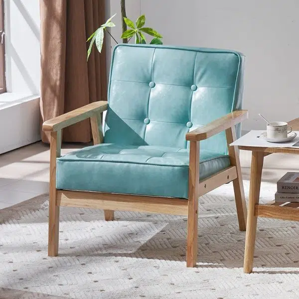 Contemporary Luxury Square Tufted Leather Upholstered Solid Wood Accent Chair Backrest Armrest For Living Room - Image 2