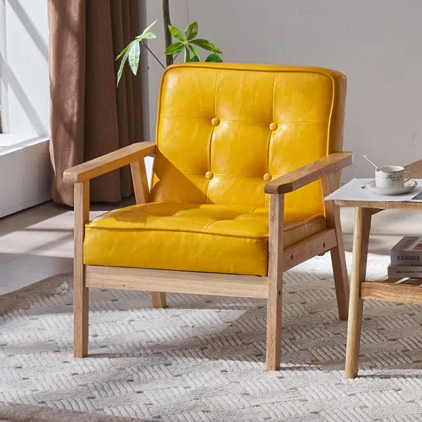 Contemporary Luxury Square Tufted Leather Upholstered Solid Wood Accent Chair Backrest Armrest For Living Room - Image 7