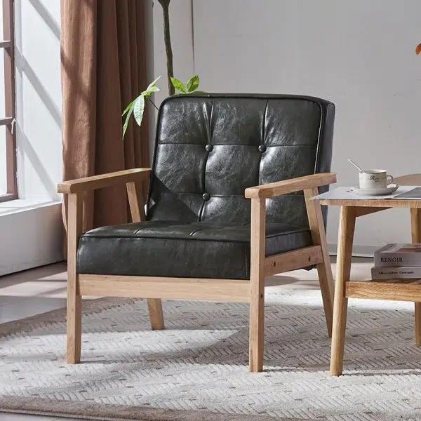 Contemporary Luxury Square Tufted Leather Upholstered Solid Wood Accent Chair Backrest Armrest For Living Room - Image 8