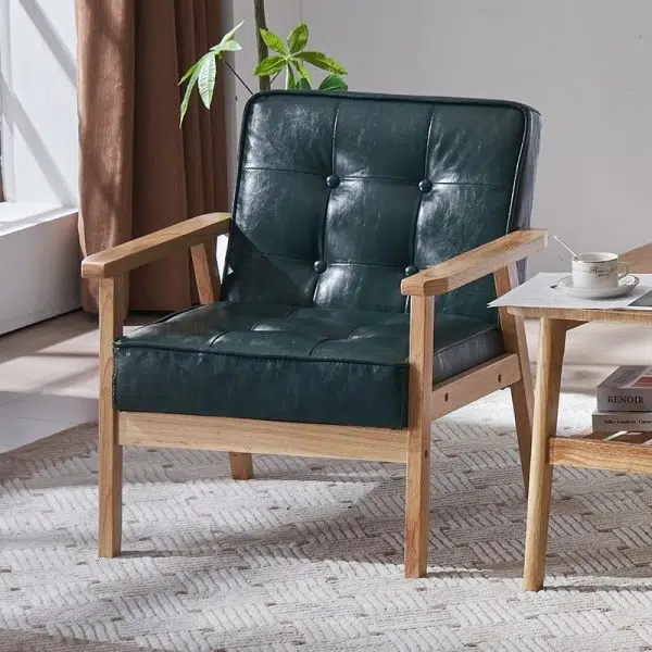 Contemporary Luxury Square Tufted Leather Upholstered Solid Wood Accent Chair Backrest Armrest For Living Room - Image 11