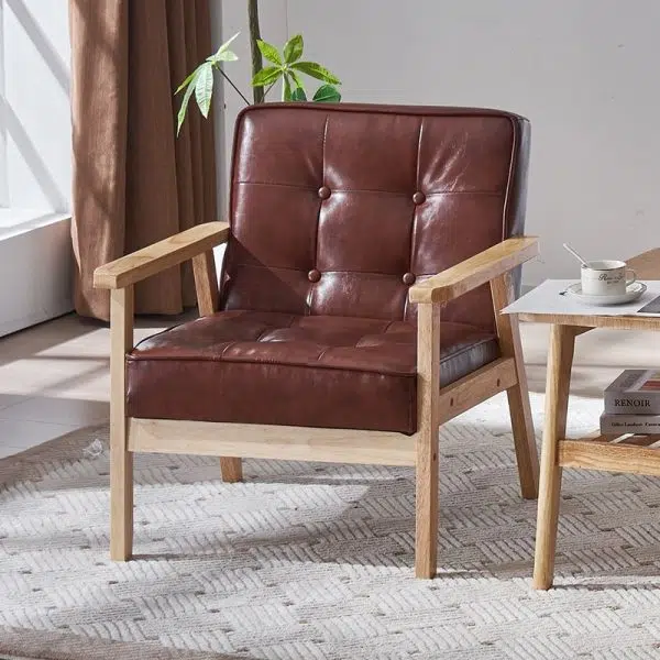 Contemporary Luxury Square Tufted Leather Upholstered Solid Wood Accent Chair Backrest Armrest For Living Room - Image 12