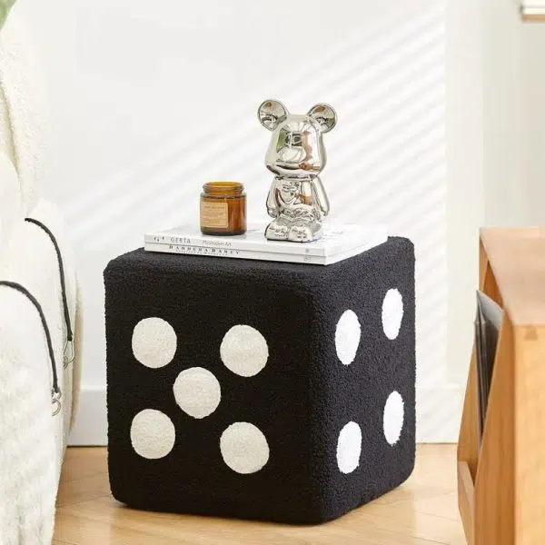 Contemporary Creative Dice Cube Lamb Fleece Solid Wood Frame Low Stool For Living Room - Image 12