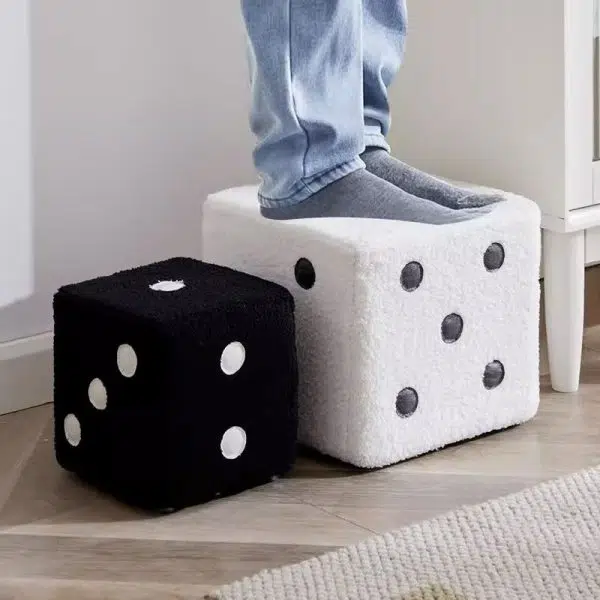 Contemporary Creative Dice Cube Lamb Fleece Solid Wood Frame Low Stool For Living Room - Image 17
