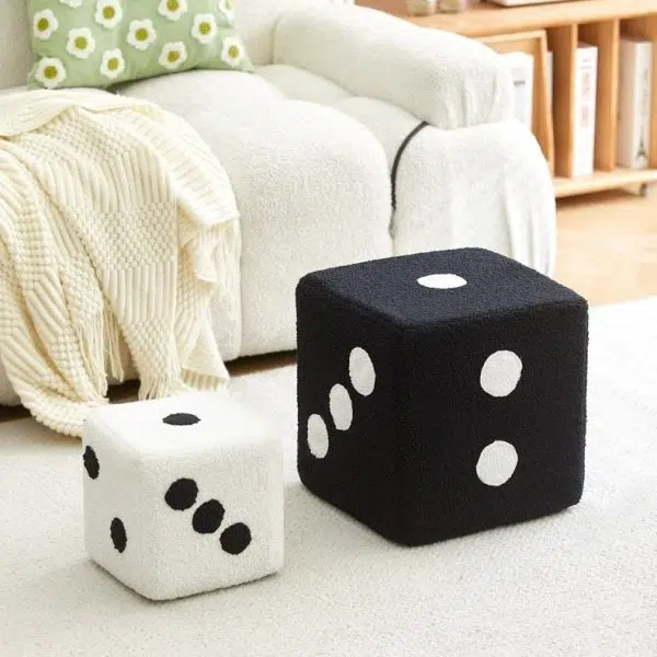 Contemporary Creative Dice Cube Lamb Fleece Solid Wood Frame Low Stool For Living Room - Image 2