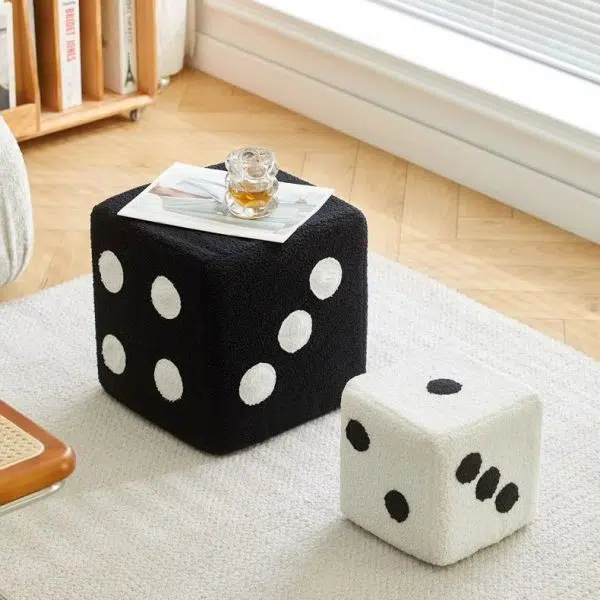 Contemporary Creative Dice Cube Lamb Fleece Solid Wood Frame Low Stool For Living Room - Image 3