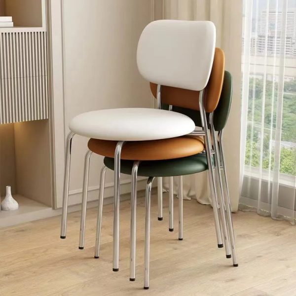 Contemporary Scandinavian Round Leather Iron Legs Stackable Dining Chair Backrest For Dining Room - Image 13