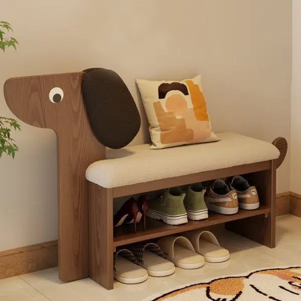 Contemporary Creative Puppy Design Rectangular Flannel Solid Wood Footstool Bench 2-Tier For Living Room - Image 9