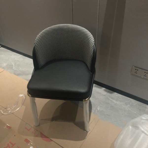 Contemporary Scandinavian Curved Houndstooth Linen Upholstered Dining Chair Leather Backrest For Dining Room - Image 12