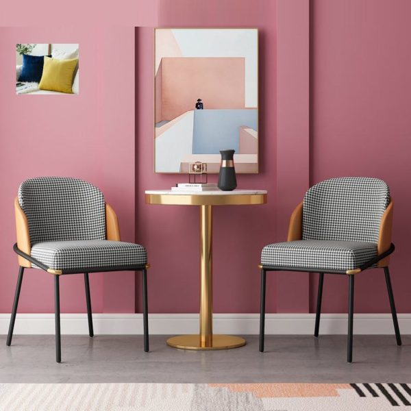 Contemporary Scandinavian Curved Houndstooth Linen Upholstered Dining Chair Leather Backrest For Dining Room - Image 9