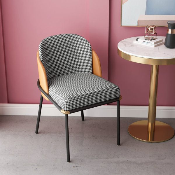 Contemporary Scandinavian Curved Houndstooth Linen Upholstered Dining Chair Leather Backrest For Dining Room - Image 10