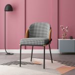 Brown Leather Backrest + Houndstooth Linen Seat