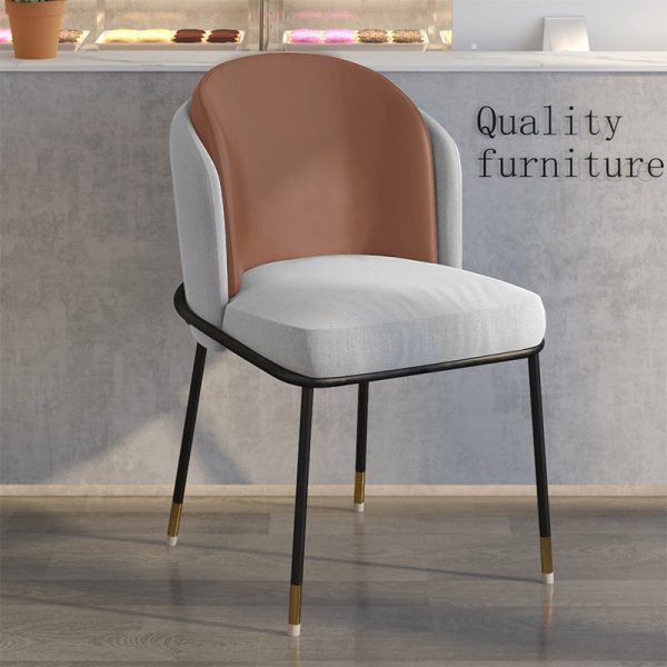 Contemporary Scandinavian Curved Houndstooth Linen Upholstered Dining Chair Leather Backrest For Dining Room - Image 7