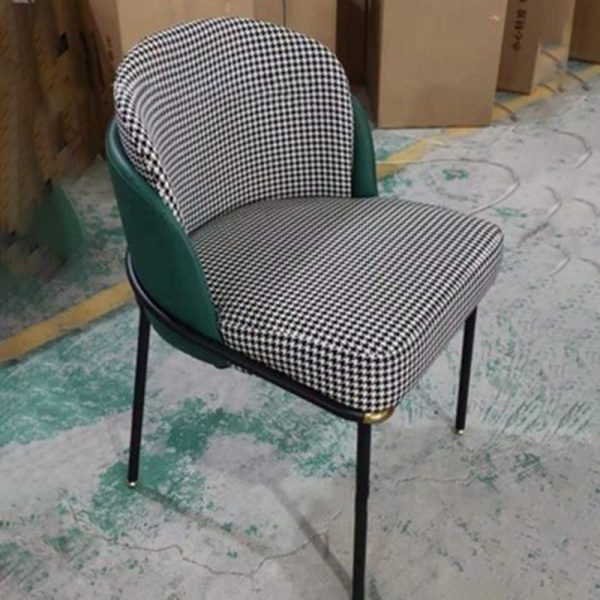 Contemporary Scandinavian Curved Houndstooth Linen Upholstered Dining Chair Leather Backrest For Dining Room - Image 11