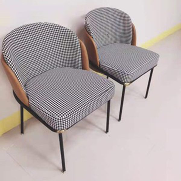 Contemporary Scandinavian Curved Houndstooth Linen Upholstered Dining Chair Leather Backrest For Dining Room - Image 13
