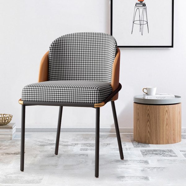 Contemporary Scandinavian Curved Houndstooth Linen Upholstered Dining Chair Leather Backrest For Dining Room - Image 8