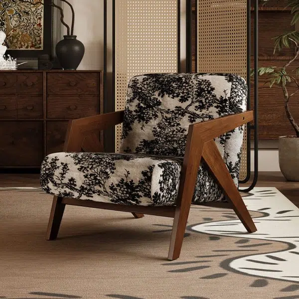 Traditional Vintage Square Wood Fabric Accent Chair Backrest Armrest For Living Room - Image 3