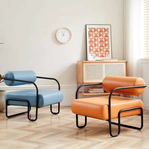 Modern Minimalist Square Cylinder Metal Fabric Accent Chair Backrest Armrest For Living Room - Image 2