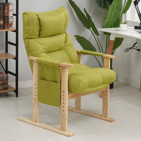 Modern Minimalist Folding Rectangular Wood Hemp Fabric Storage Pocket Accent Chair Backrest Armrests For Study Room - Image 18