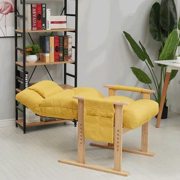 Modern Minimalist Folding Rectangular Wood Hemp Fabric Storage Pocket Accent Chair Backrest Armrests For Study Room - Image 8