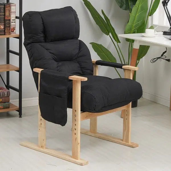 Modern Minimalist Folding Rectangular Wood Hemp Fabric Storage Pocket Accent Chair Backrest Armrests For Study Room - Image 4