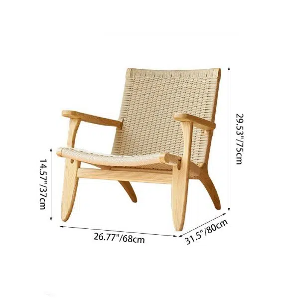 Traditional Japanese Rattan Square Wood Cowhide Rope Accent Chair Backrest Armrest For Living Room - Image 4