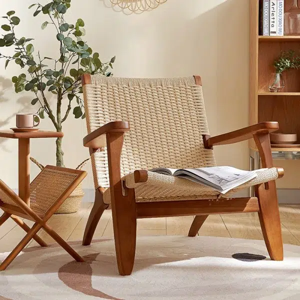 Traditional Japanese Rattan Square Wood Cowhide Rope Accent Chair Backrest Armrest For Living Room - Image 3