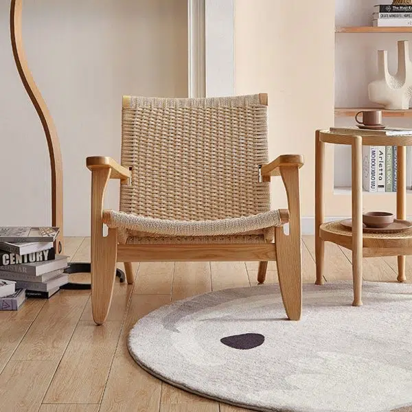 Traditional Japanese Rattan Square Wood Cowhide Rope Accent Chair Backrest Armrest For Living Room - Image 18