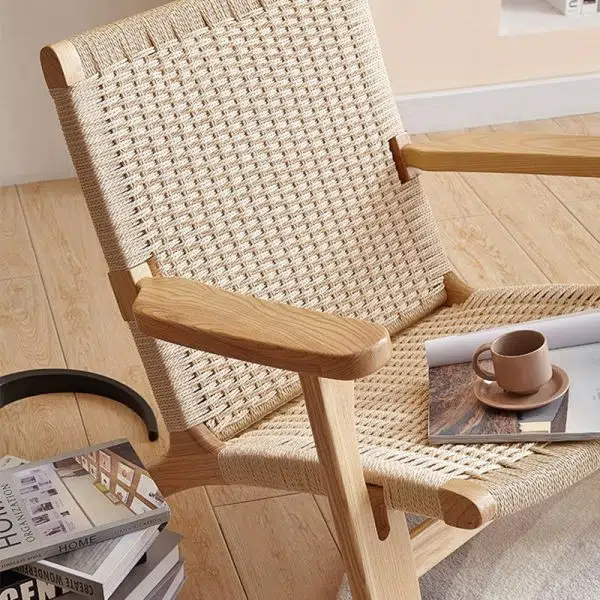 Traditional Japanese Rattan Square Wood Cowhide Rope Accent Chair Backrest Armrest For Living Room - Image 6