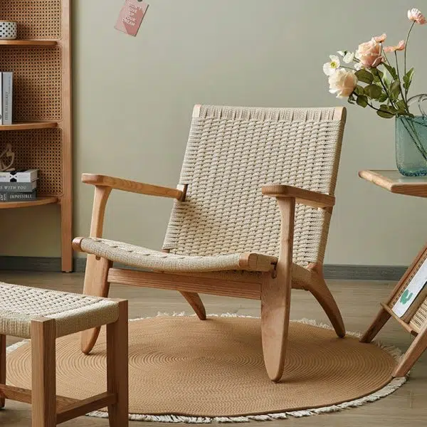 Traditional Japanese Rattan Square Wood Cowhide Rope Accent Chair Backrest Armrest For Living Room - Image 15