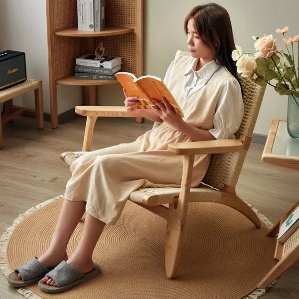 Traditional Japanese Rattan Square Wood Cowhide Rope Accent Chair Backrest Armrest For Living Room - Image 14