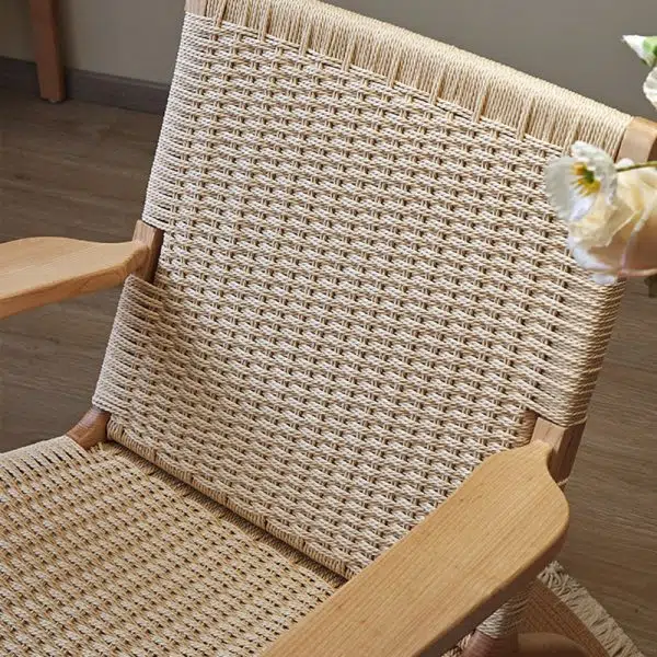 Traditional Japanese Rattan Square Wood Cowhide Rope Accent Chair Backrest Armrest For Living Room - Image 10