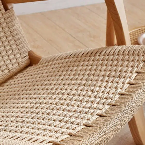 Traditional Japanese Rattan Square Wood Cowhide Rope Accent Chair Backrest Armrest For Living Room - Image 9