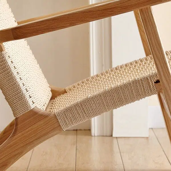 Traditional Japanese Rattan Square Wood Cowhide Rope Accent Chair Backrest Armrest For Living Room - Image 8