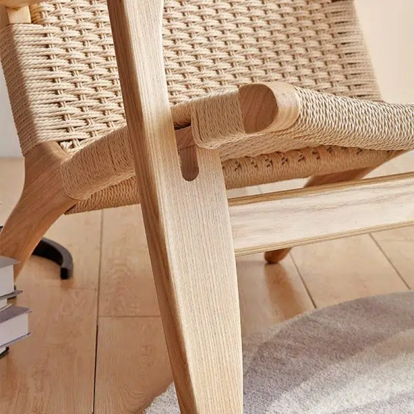 Traditional Japanese Rattan Square Wood Cowhide Rope Accent Chair Backrest Armrest For Living Room - Image 11