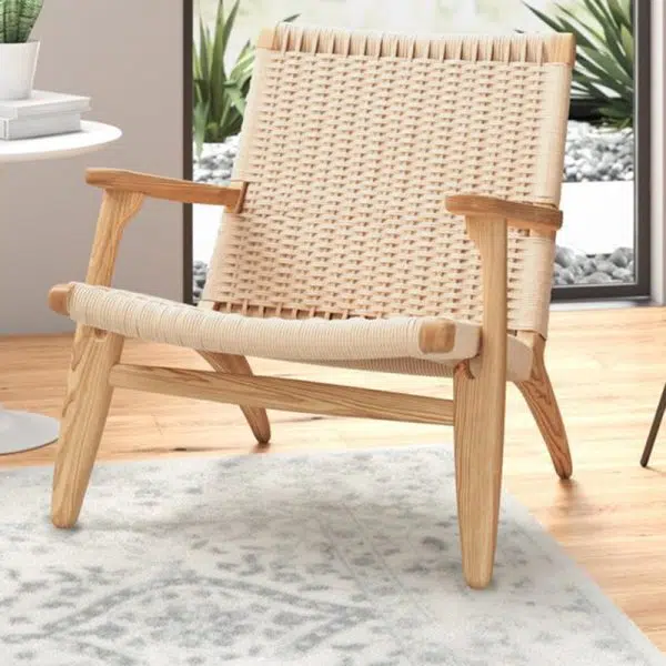 Traditional Japanese Rattan Square Wood Cowhide Rope Accent Chair Backrest Armrest For Living Room - Image 17