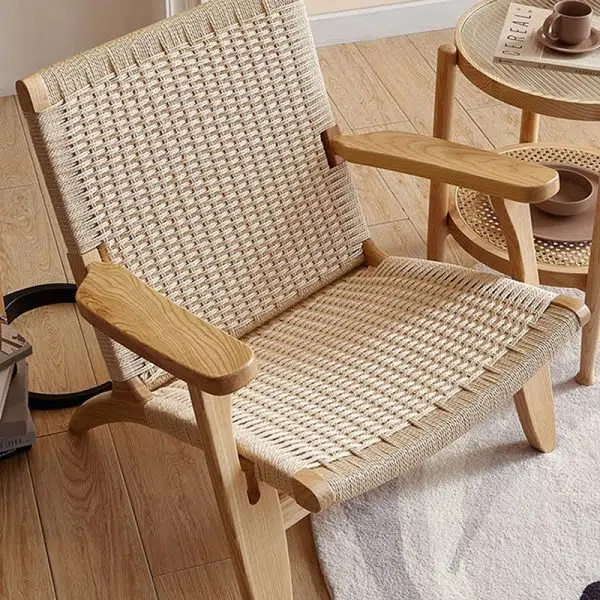 Traditional Japanese Rattan Square Wood Cowhide Rope Accent Chair Backrest Armrest For Living Room - Image 2