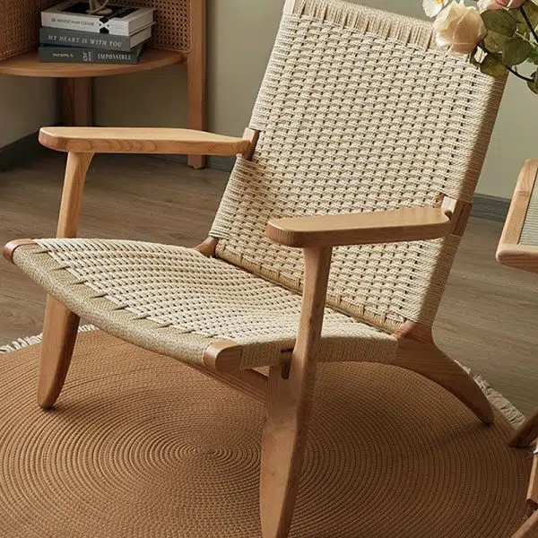 Traditional Japanese Rattan Square Wood Cowhide Rope Accent Chair Backrest Armrest For Living Room - Image 16