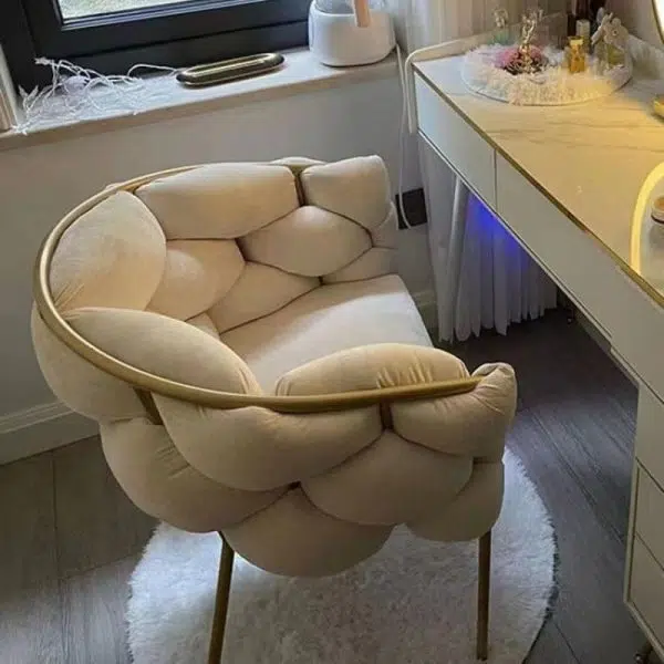 Modern Art Deco Bubble Curved Metal Fabric Vanity Stool Backrest Armrest For Bedroom - Image 11