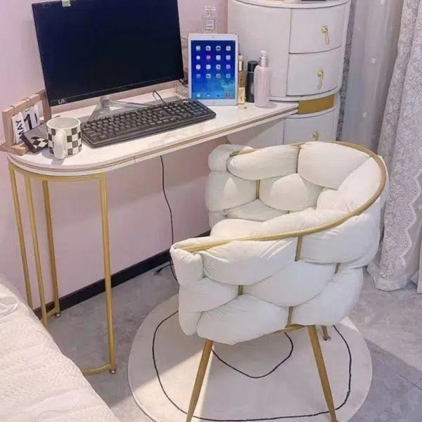 Modern Art Deco Bubble Curved Metal Fabric Vanity Stool Backrest Armrest For Bedroom - Image 2