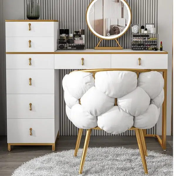 Modern Art Deco Bubble Curved Metal Fabric Vanity Stool Backrest Armrest For Bedroom - Image 15